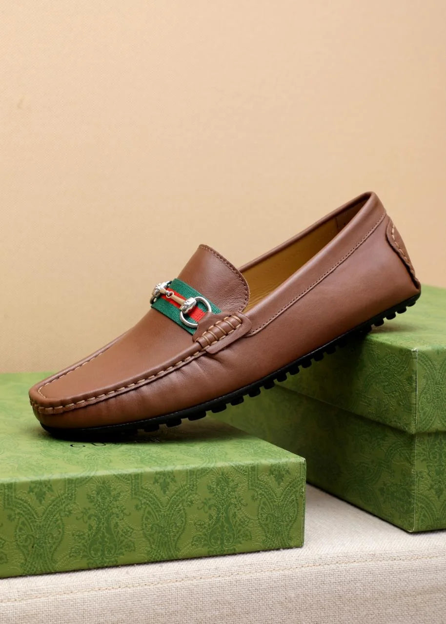 GUCCI || Men's Horsebit Web Loafers - Brown Leather with Green/Red Stripe - FASHION MYST