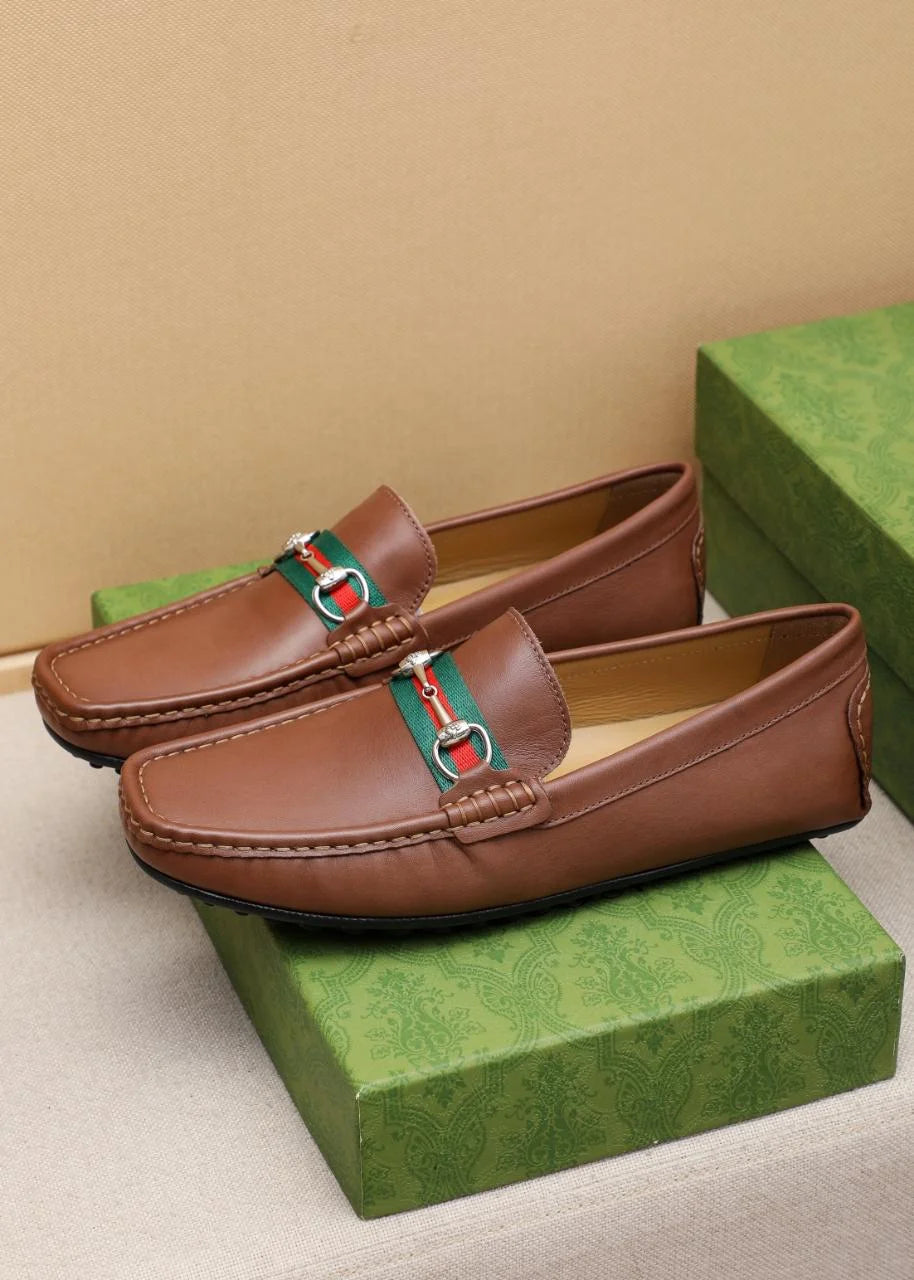 GUCCI || Men's Horsebit Web Loafers - Brown Leather with Green/Red Stripe - FASHION MYST