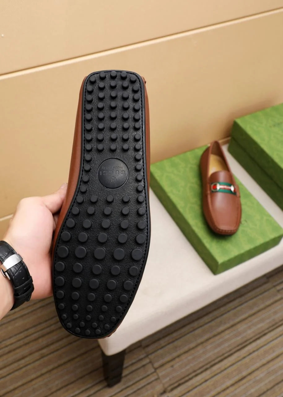 GUCCI || Men's Horsebit Web Loafers - Brown Leather with Green/Red Stripe - FASHION MYST