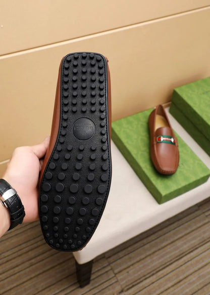 GUCCI || Men's Horsebit Web Loafers - Brown Leather with Green/Red Stripe - FASHION MYST