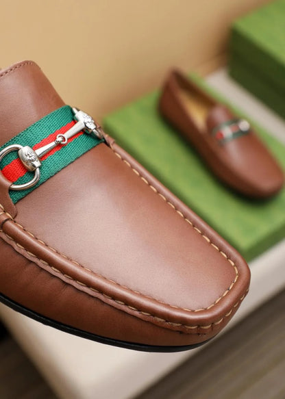 GUCCI || Men's Horsebit Web Loafers - Brown Leather with Green/Red Stripe - FASHION MYST