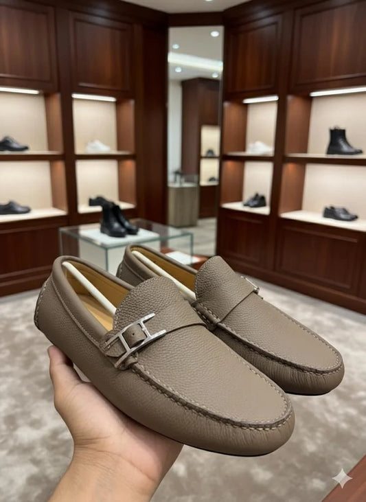 HERMES || Irving Moccasins - Taupe Grained Leather with Palladium CDC Buckle