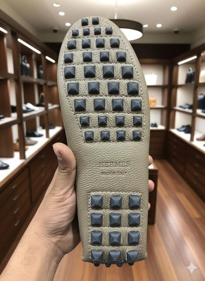 HERMES || Irving Moccasins - Taupe Grained Leather with Palladium CDC Buckle