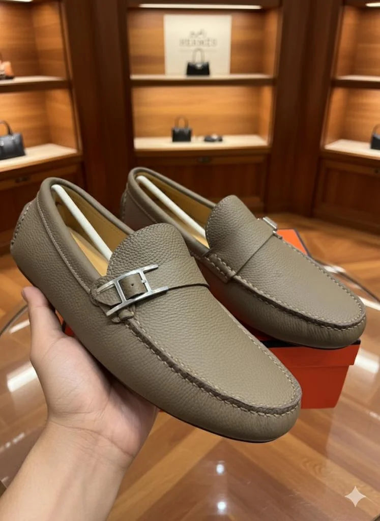 HERMES || Irving Moccasins - Taupe Grained Leather with Palladium CDC Buckle