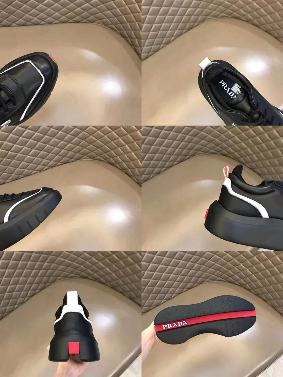 PRADA || Black Leather Sneakers with White Piping and Triangle Logo