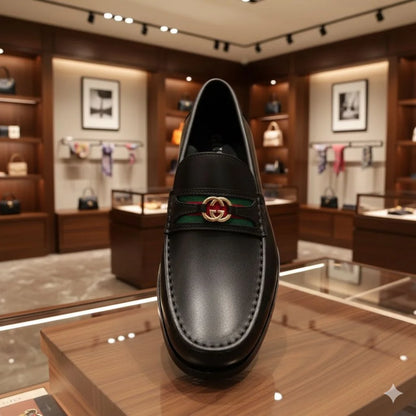 GUCCI || Men's Web Loafer - Black Leather with Green/Red Web & Double G - FASHION MYST