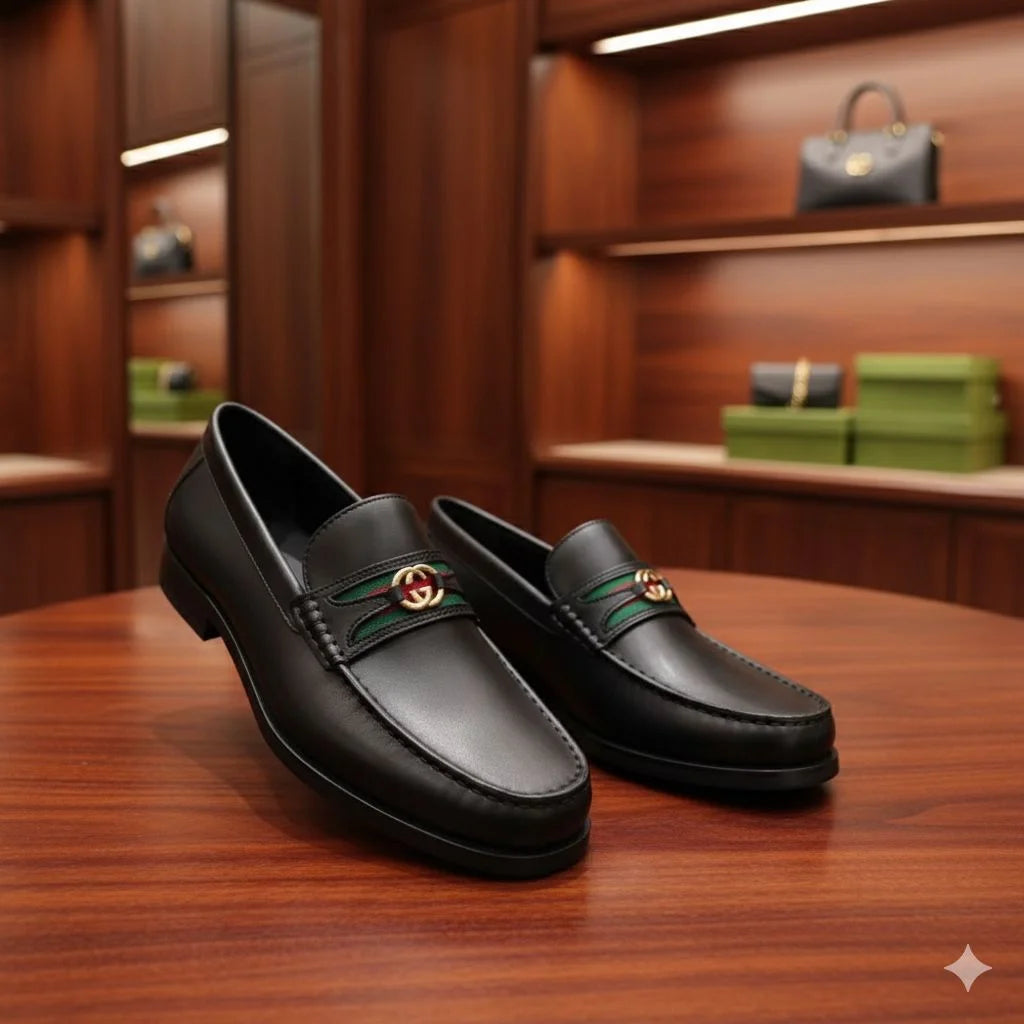GUCCI || Men's Web Loafer - Black Leather with Green/Red Web & Double G - FASHION MYST