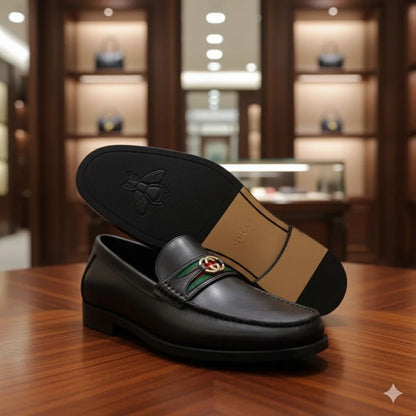 GUCCI || Men's Web Loafer - Black Leather with Green/Red Web & Double G - FASHION MYST