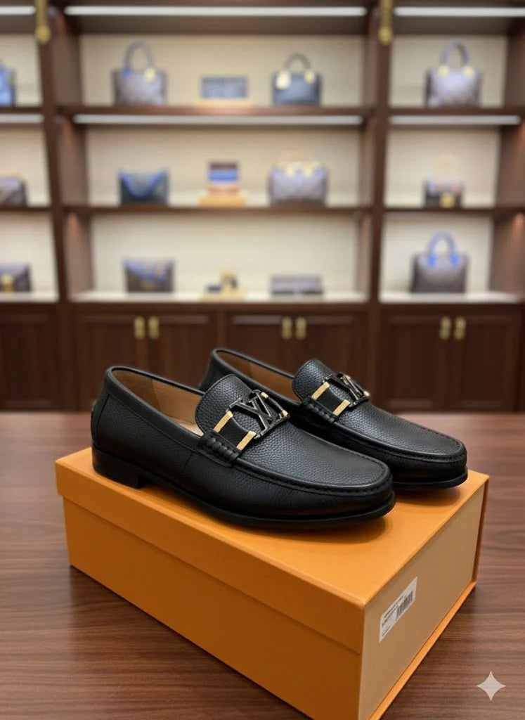 LOUIS VUITTON || Major Loafer - Black Grained Leather with Gold/Black LV Hardware - FASHION MYST