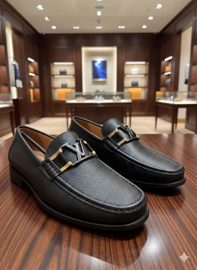 LOUIS VUITTON || Major Loafer - Black Grained Leather with Gold/Black LV Hardware - FASHION MYST