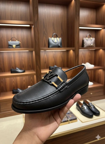 LOUIS VUITTON || Major Loafer - Black Grained Leather with Gold/Black LV Hardware - FASHION MYST