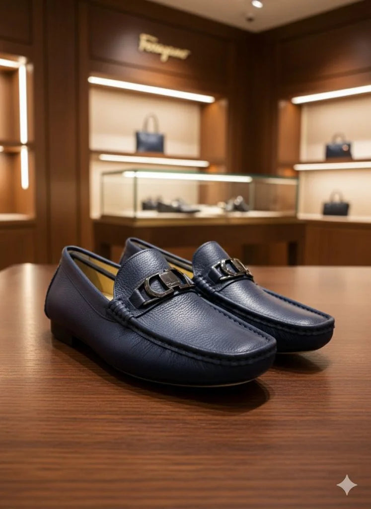 SALVATORE FERRAGAMO || Blue Grained Leather Gancini Loafers - FASHION MYST
