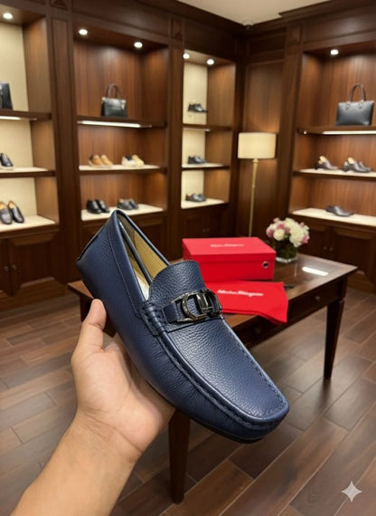 SALVATORE FERRAGAMO || Blue Grained Leather Gancini Loafers - FASHION MYST