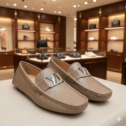 LOUIS VUITTON || Beige Monogram Leather LV Buckle Loafers - FASHION MYST