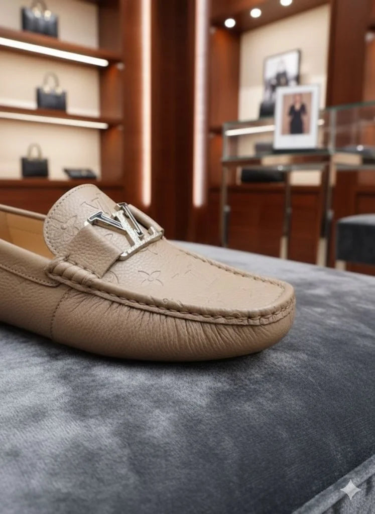 LOUIS VUITTON || Beige Monogram Leather LV Buckle Loafers - FASHION MYST
