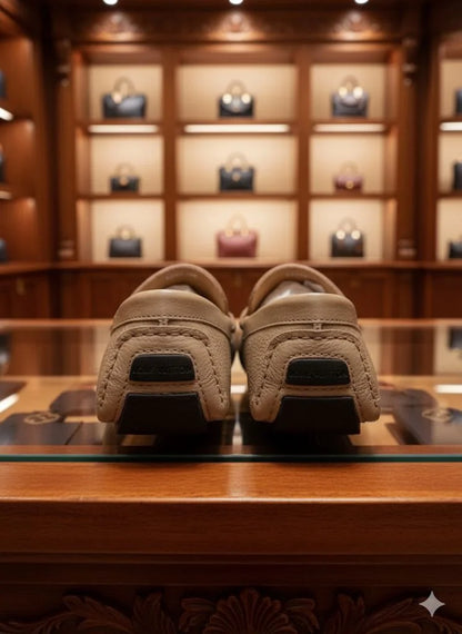 LOUIS VUITTON || Beige Monogram Leather LV Buckle Loafers - FASHION MYST