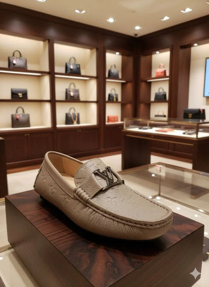 LOUIS VUITTON || Beige Monogram Leather LV Buckle Loafers - FASHION MYST