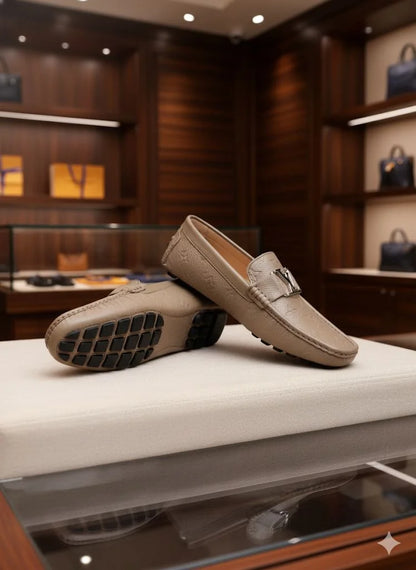 LOUIS VUITTON || Beige Monogram Leather LV Buckle Loafers - FASHION MYST