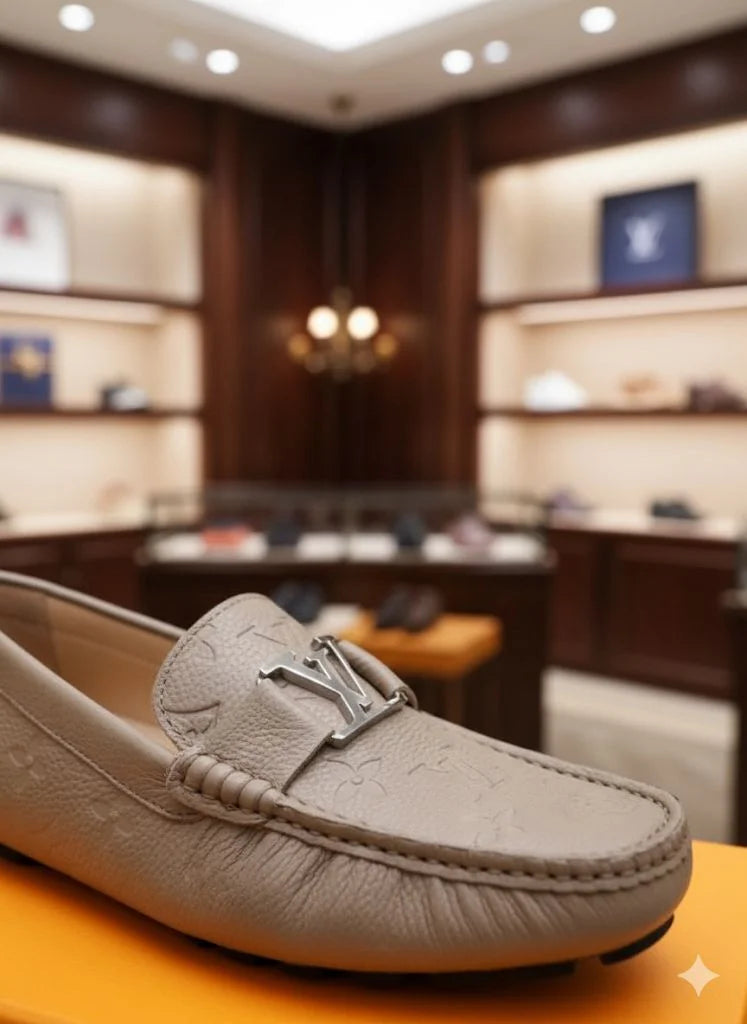 LOUIS VUITTON || Beige Monogram Leather LV Buckle Loafers - FASHION MYST