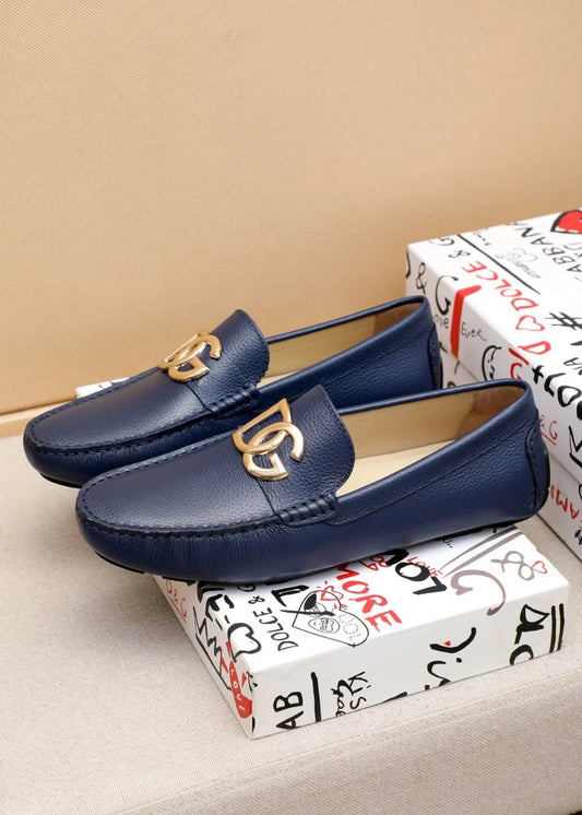 DOLCE & GABBANA || Men's Navy Grained Leather Loafers with Gold DG Logo