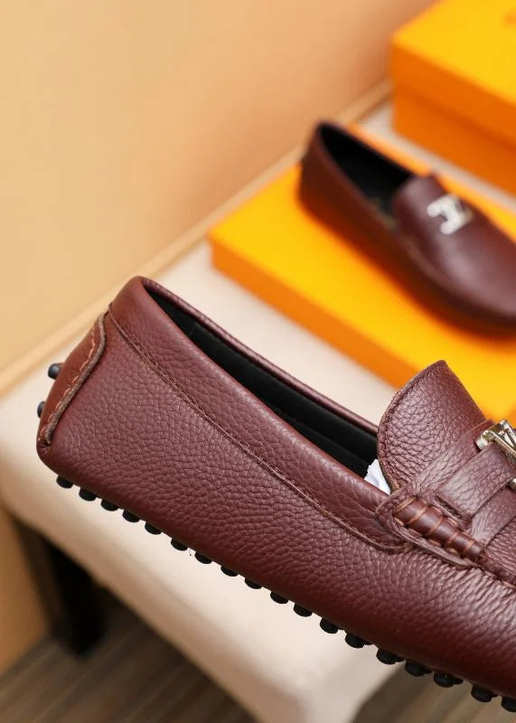 LOUIS VUITTON || Hockenheim Loafer - Burgundy Grained Leather with Silver LV Hardware - FASHION MYST