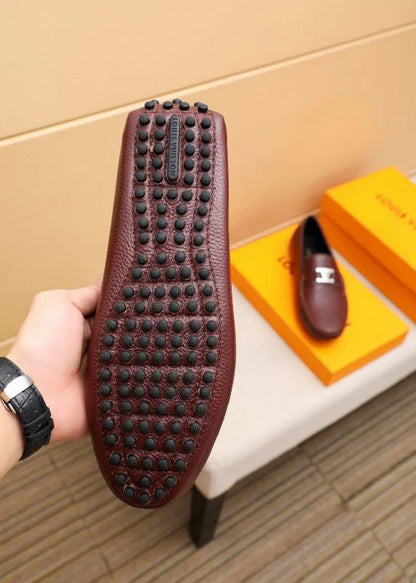 LOUIS VUITTON || Hockenheim Loafer - Burgundy Grained Leather with Silver LV Hardware - FASHION MYST