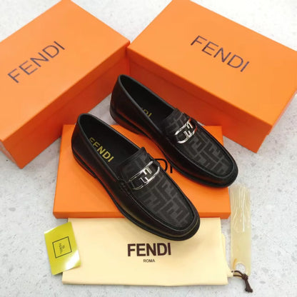 FENDI || FF Fabric and Black Leather Loafers with Silver-Tone O'Lock Hardware