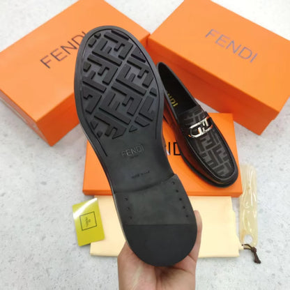 FENDI || FF Fabric and Black Leather Loafers with Silver-Tone O'Lock Hardware