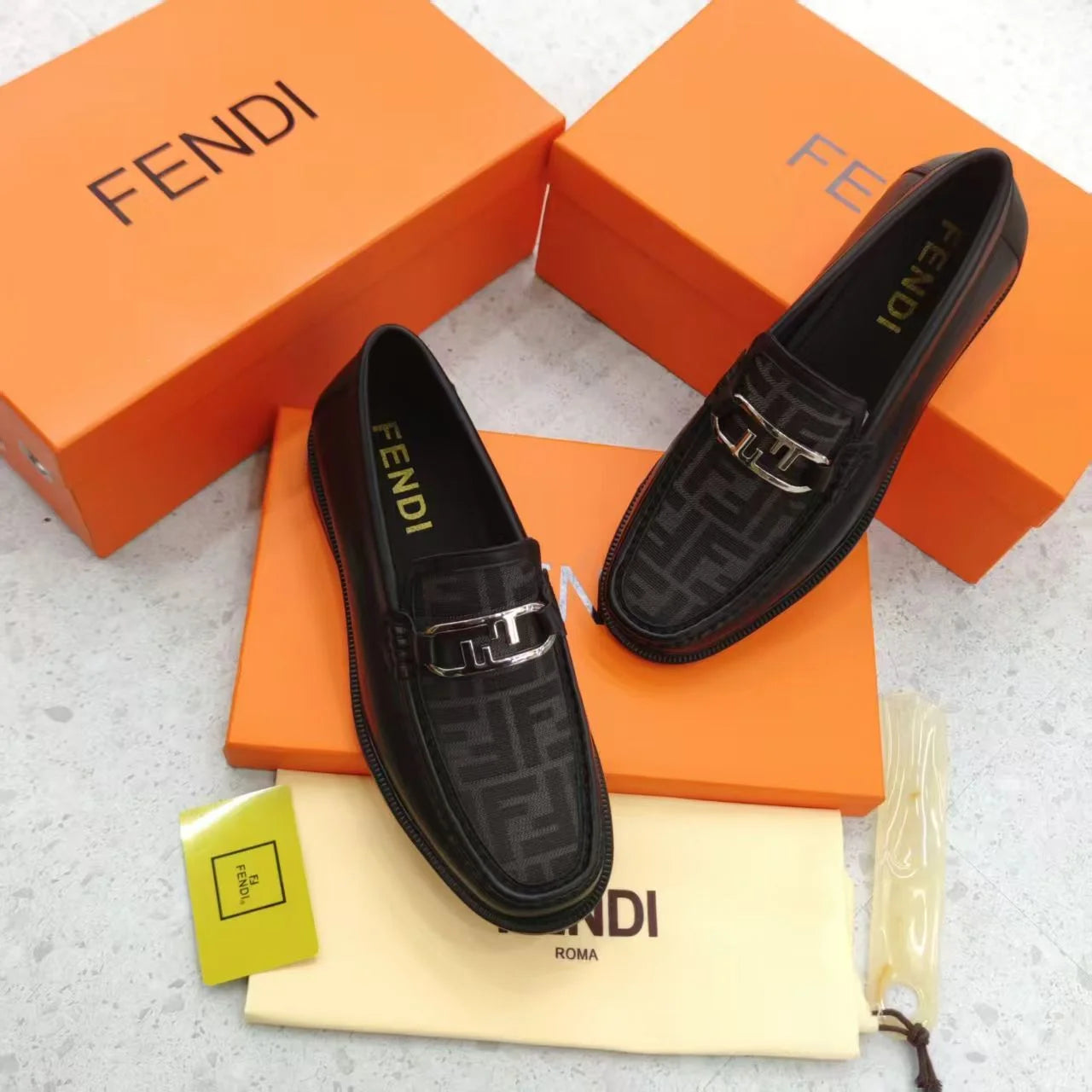 FENDI || FF Fabric and Black Leather Loafers with Silver-Tone O'Lock Hardware
