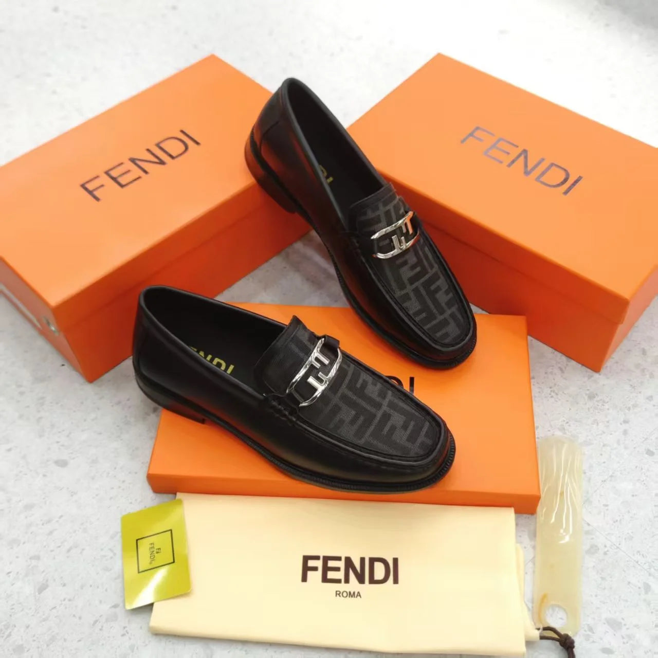 FENDI || FF Fabric and Black Leather Loafers with Silver-Tone O'Lock Hardware