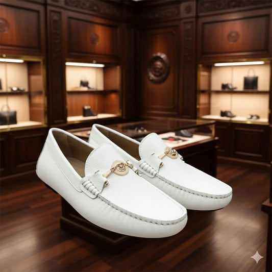 VERSACE || Men's Medusa Biggie Loafers - White Grained Leather with Gold Hardware