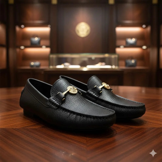 VERSACE || Men's Medusa Biggie Loafers - Black Grained Leather with Gold Hardware