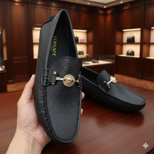 VERSACE || Men's Medusa Biggie Loafers - Black Grained Leather with Gold Hardware