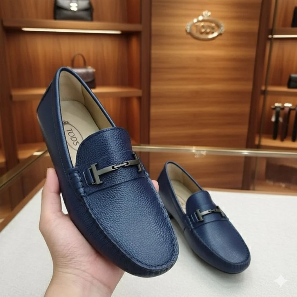TOD'S || Men's Gommino Loafers - Navy Blue Grained Leather with Gunmetal T-Bar - FASHION MYST