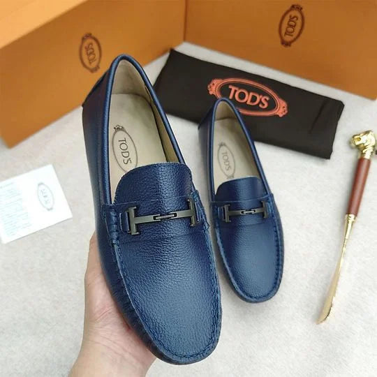 TOD'S || Men's Gommino Loafers - Navy Blue Grained Leather with Gunmetal T-Bar - FASHION MYST