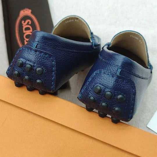 TOD'S || Men's Gommino Loafers - Navy Blue Grained Leather with Gunmetal T-Bar - FASHION MYST