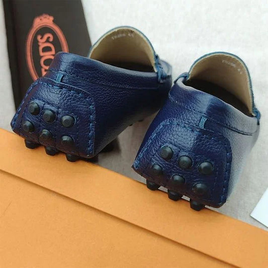 TOD'S || Men's Gommino Loafers - Navy Blue Grained Leather with Gunmetal T-Bar - FASHION MYST