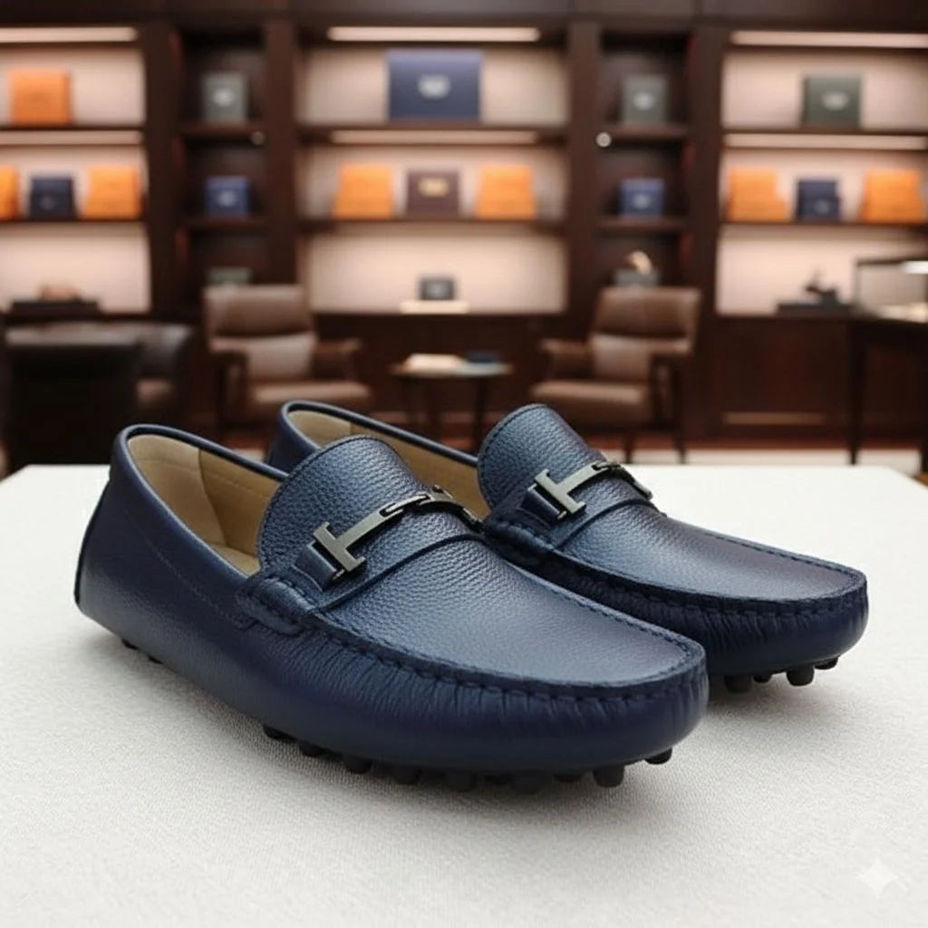 TOD'S || Men's Gommino Loafers - Navy Blue Grained Leather with Gunmetal T-Bar - FASHION MYST
