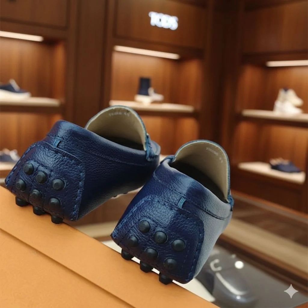 TOD'S || Men's Gommino Loafers - Navy Blue Grained Leather with Gunmetal T-Bar - FASHION MYST