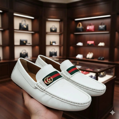 GUCCI || Men's White Grained Leather Loafers with Double G & Web Stripe - FASHION MYST