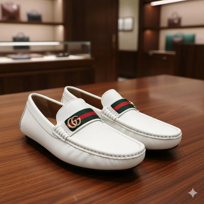 GUCCI || Men's White Grained Leather Loafers with Double G & Web Stripe - FASHION MYST