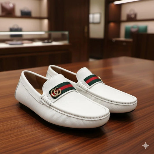 GUCCI || Men's White Grained Leather Loafers with Double G & Web Stripe - FASHION MYST