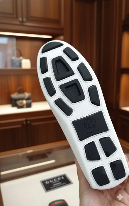 GUCCI || Men's White Grained Leather Loafers with Double G & Web Stripe - FASHION MYST