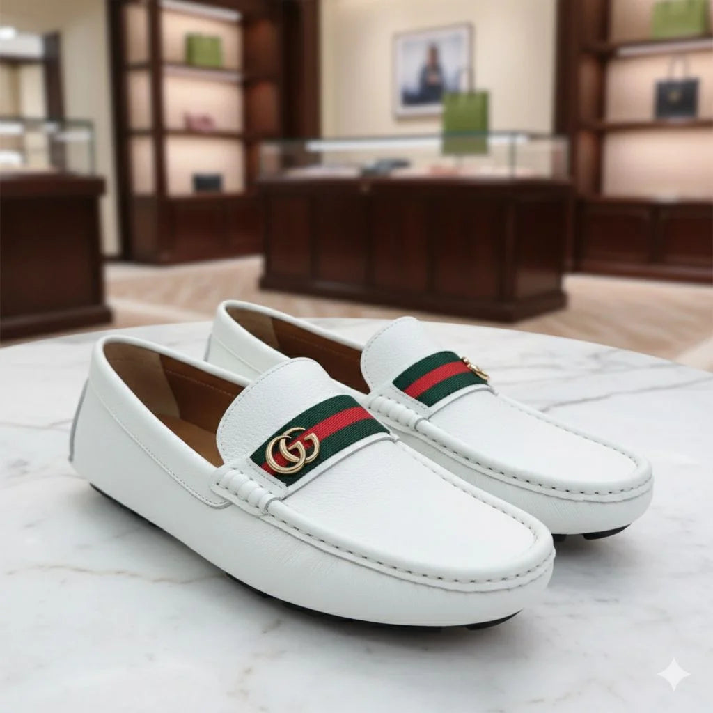 GUCCI || Men's White Grained Leather Loafers with Double G & Web Stripe - FASHION MYST