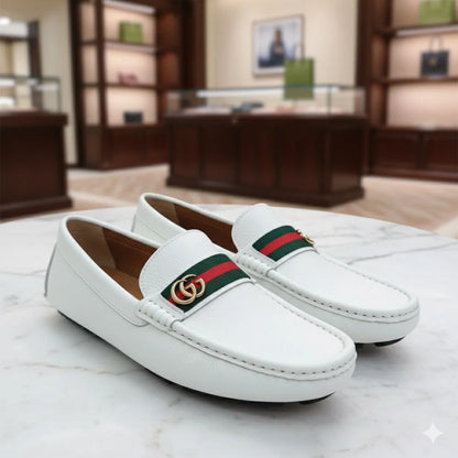 GUCCI || Men's White Grained Leather Loafers with Double G & Web Stripe - FASHION MYST