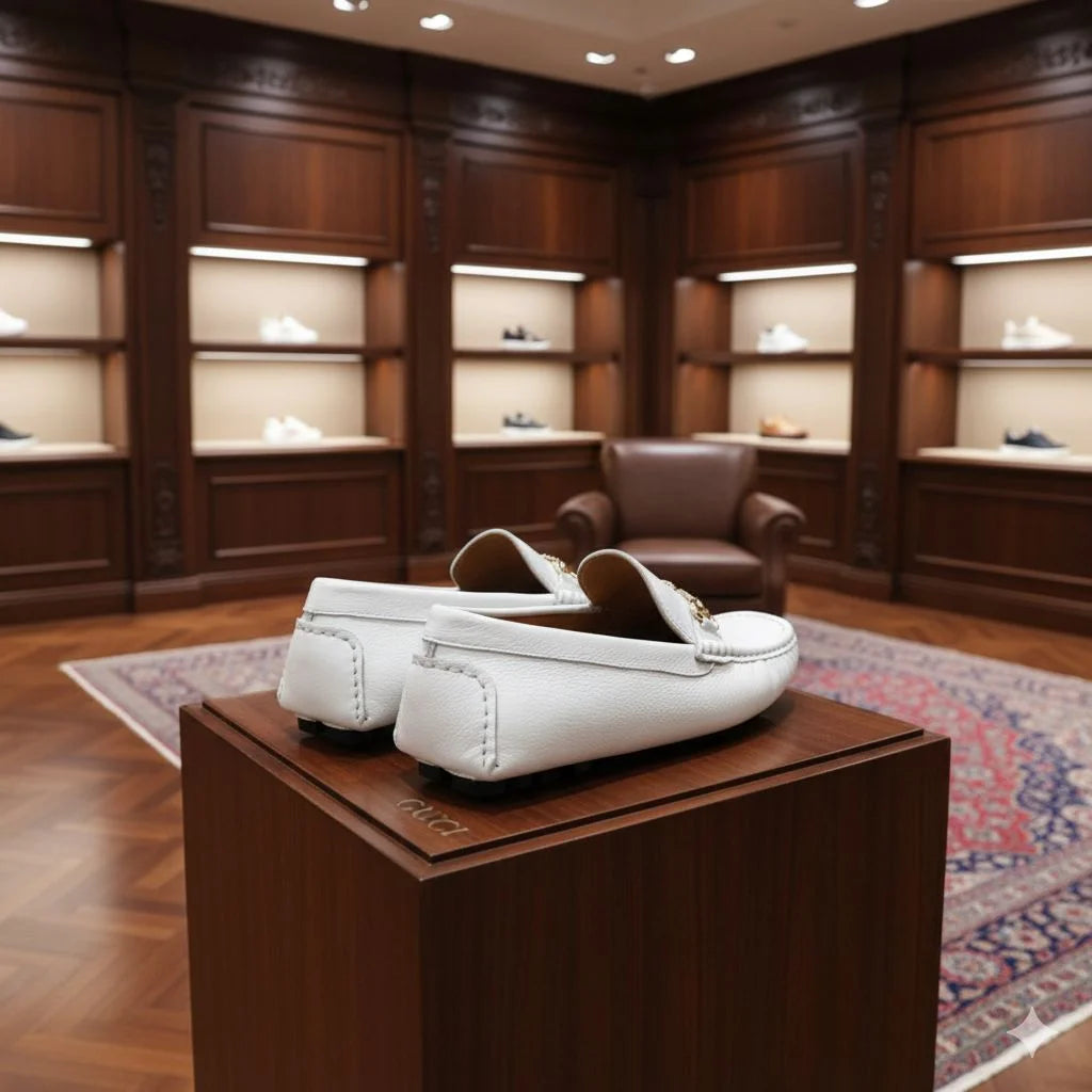 GUCCI || Men's White Grained Leather Loafers with Double G & Web Stripe - FASHION MYST