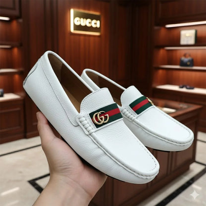 GUCCI || Men's White Grained Leather Loafers with Double G & Web Stripe - FASHION MYST