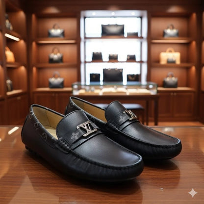 LOUIS VUITTON || Men's Hockenheim Loafers - Black/Brown Monogram Empreinte Leather - FASHION MYST