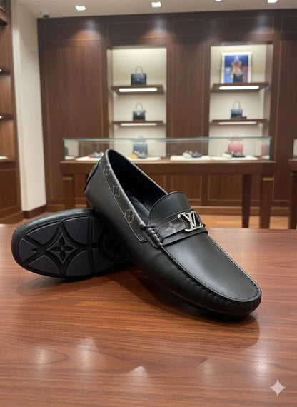 LOUIS VUITTON || Men's Hockenheim Loafers - Black/Brown Monogram Empreinte Leather - FASHION MYST