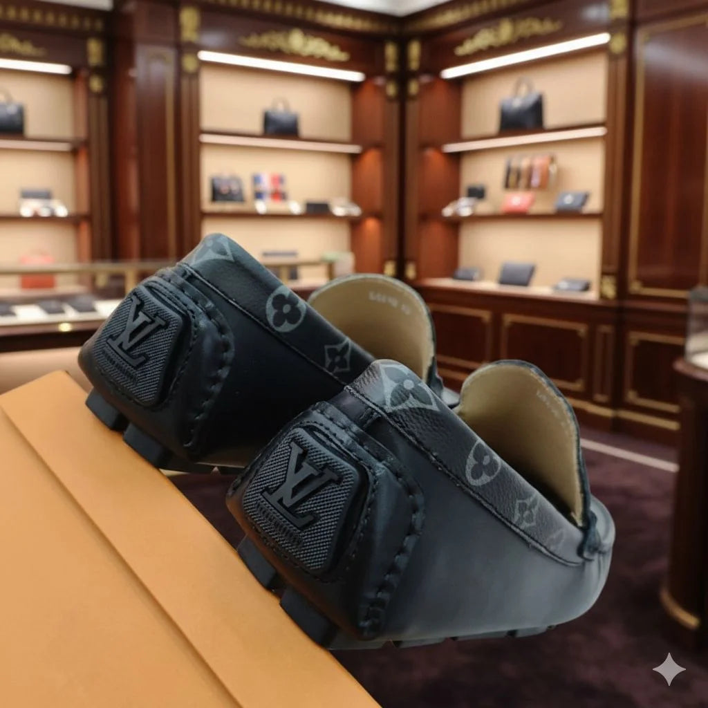 LOUIS VUITTON || Men's Hockenheim Loafers - Black/Brown Monogram Empreinte Leather - FASHION MYST